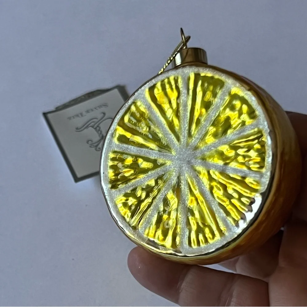 SILVER TREE HALF LEMON GLASS CHRISTMAS ORNAMENT YELLOW 3” NWT